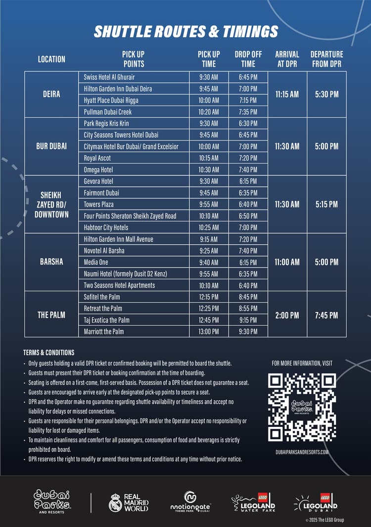 Free shuttle service bus for Real Madrid World at Dubai Parks and Resorts with visitors boarding the bus