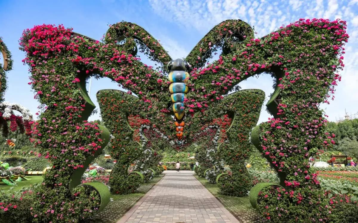 Interior floral design at Dubai Butterfly Garden shaped like a butterfly line with colorful flowers.
