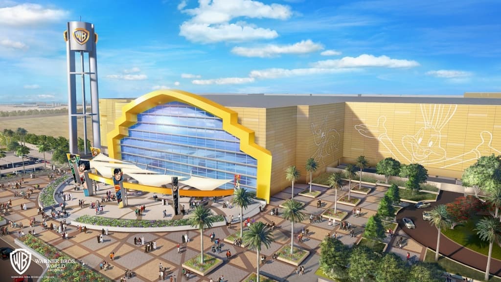Graphic illustration of Yas Island in Abu Dhabi highlighting its major attractions, theme parks, and entertainment destinations.
