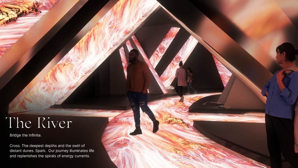 Visitors exploring The River zone at Aya Universe with flowing digital water effects and immersive glowing visuals