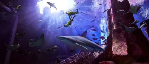 A shark swims among various fish in a large aquarium at Shark Snorkel, Atlantis Dubai.