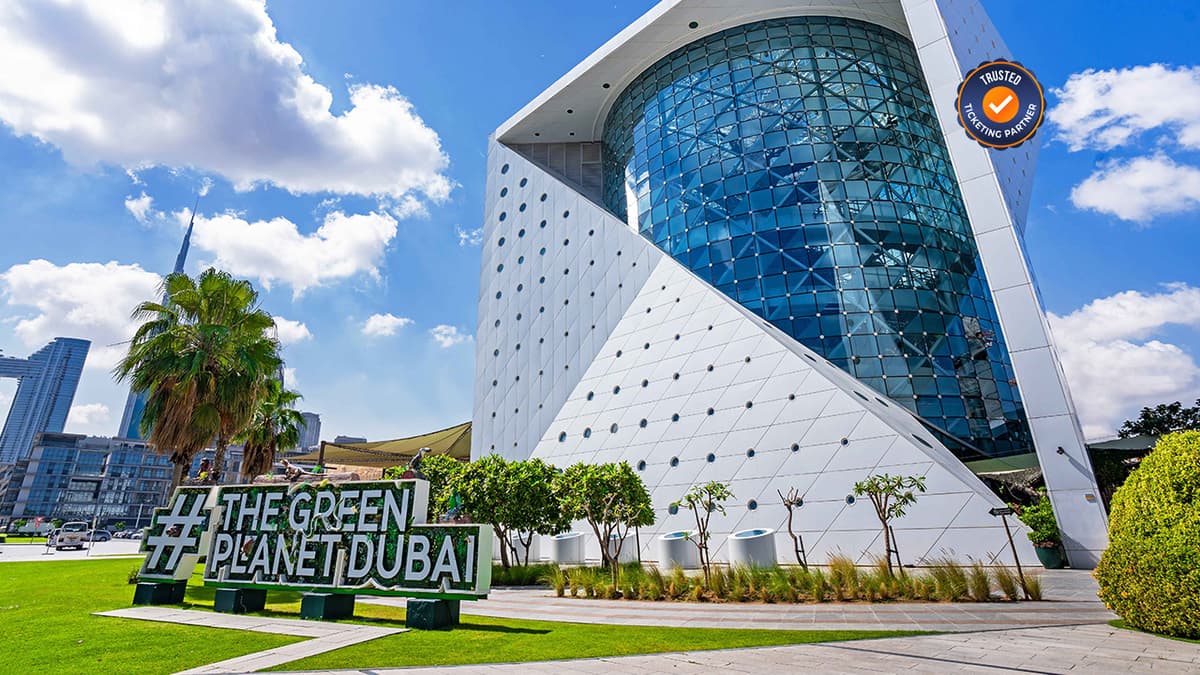 Colorful parrots attracting kids at The Green Planet Dubai as children watch the birds up close.