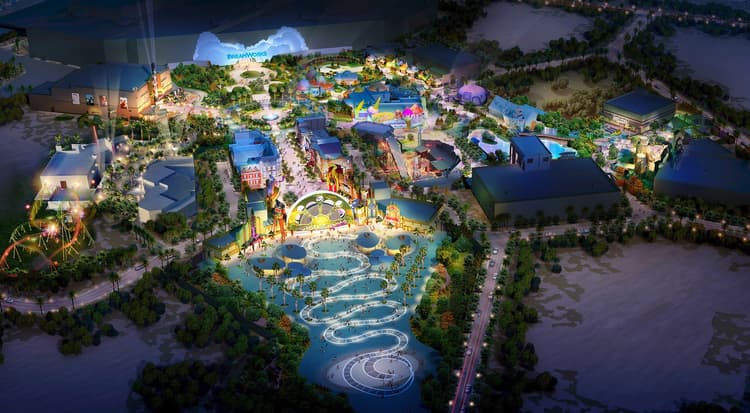 Aerial view of a brightly lit theme park at night