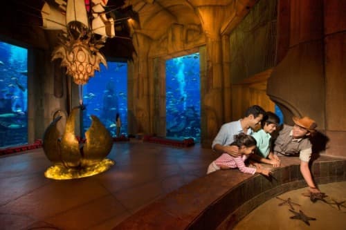 A family observes marine life at the Lost Chambers Aquarium, with a map of the aquarium visible in the foreground.