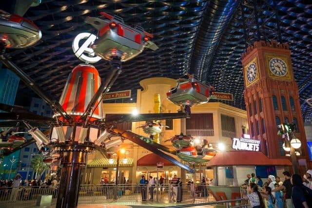 Marvel-themed zone at IMG Worlds of Adventure featuring superhero attractions and displays