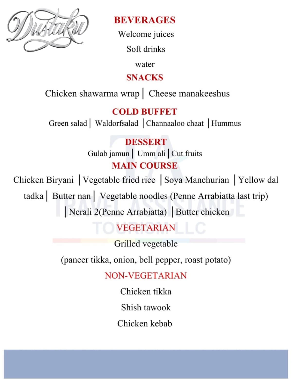 Dustaku Dinner Dhow Cruise Menu