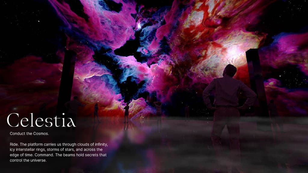 Celestia zone at Aya Universe featuring a cosmic-themed digital installation with glowing stars and immersive light effects.
