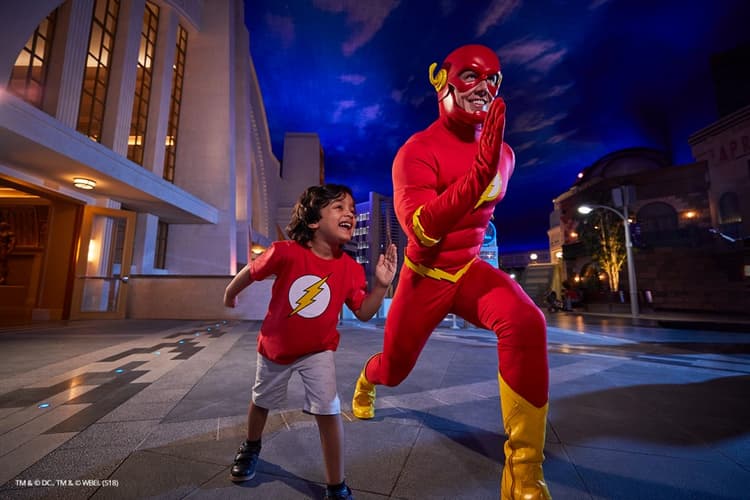 Flash-themed attraction area at Warner Bros. World Abu Dhabi featuring the DC superhero and lightning-inspired design