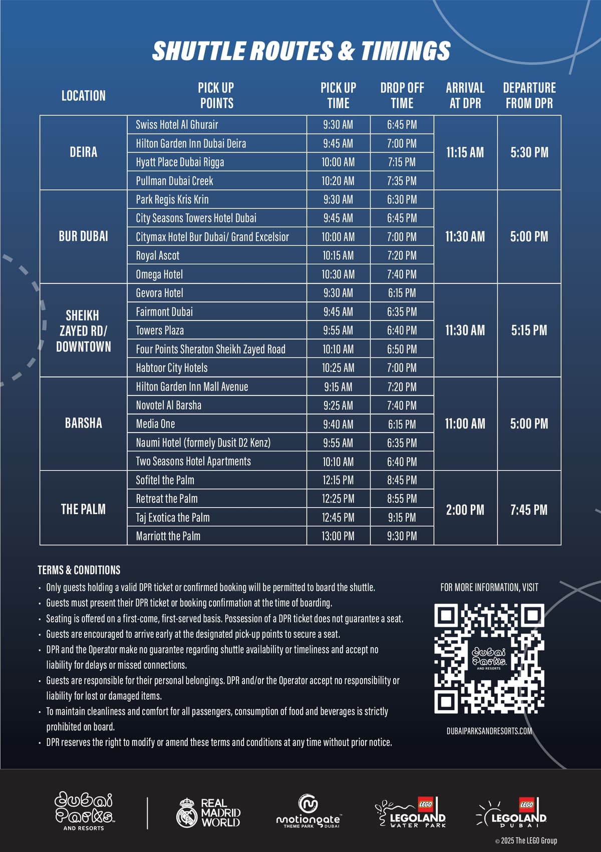 Information board showing the free shuttle bus service schedule for LEGOLAND Dubai visitors.