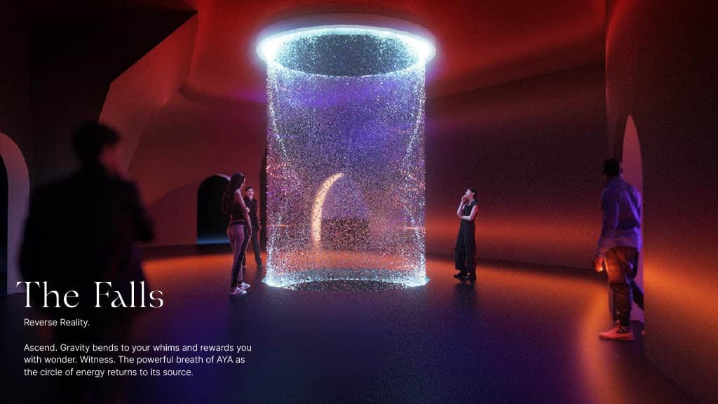Visitors experiencing The Falls zone at Aya Universe with cascading digital waterfall lights and immersive visuals.