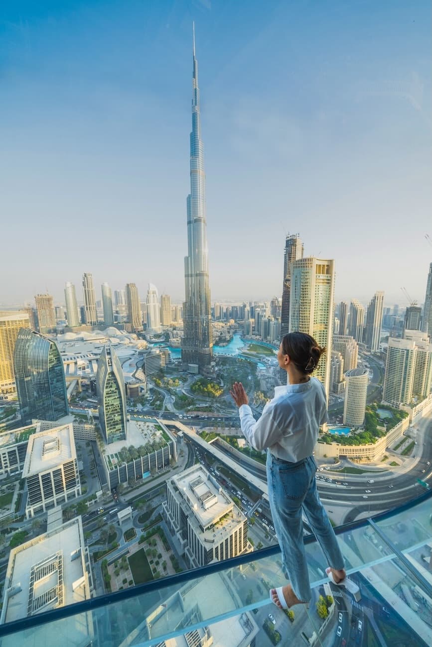 Main view of Sky Views Dubai featuring the glass slide and observation deck with the city skyline