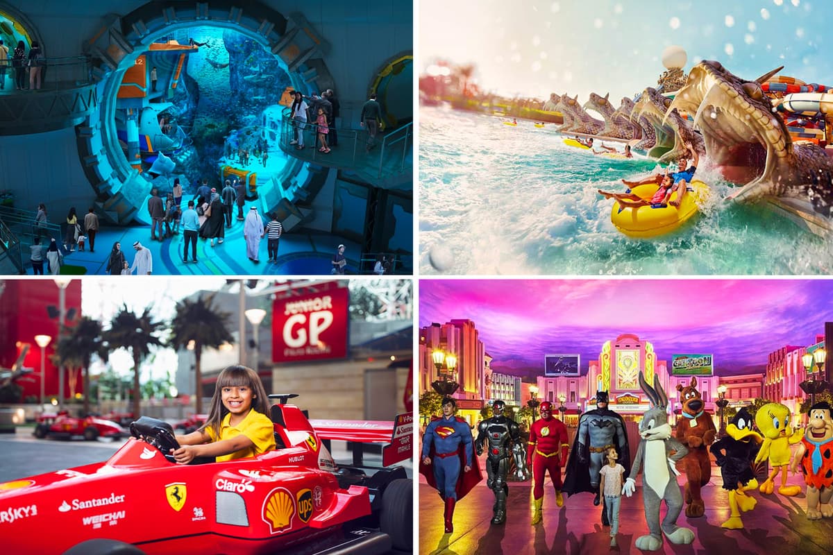 Combined view of Yas Island’s four theme parks in Abu Dhabi including Ferrari World, Yas Waterworld, Warner Bros. World, and SeaWorld.