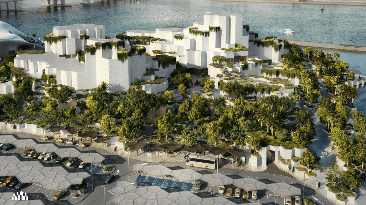 Long-distance exterior view of the Natural History Museum Abu Dhabi showcasing its modern architectural design