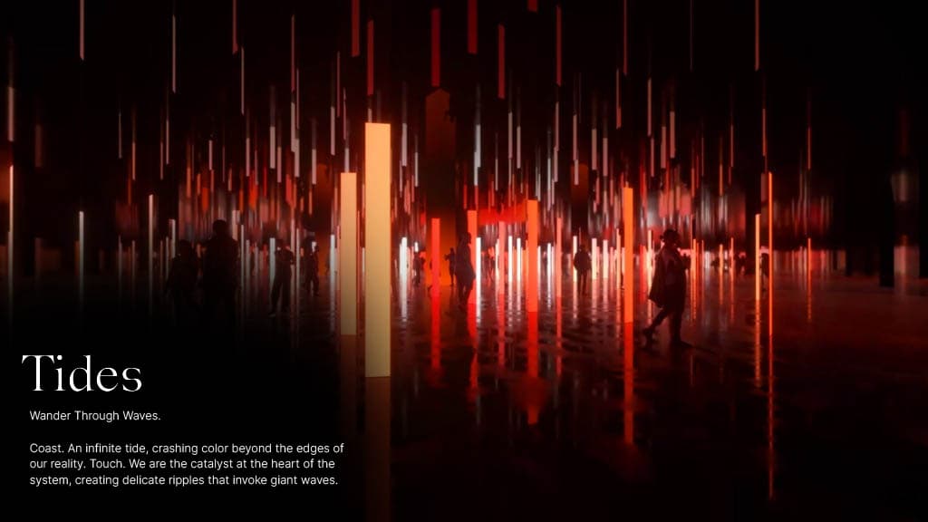 Visitors exploring the Tides zone at Aya Universe with flowing digital wave lights and immersive ocean-inspired visuals
