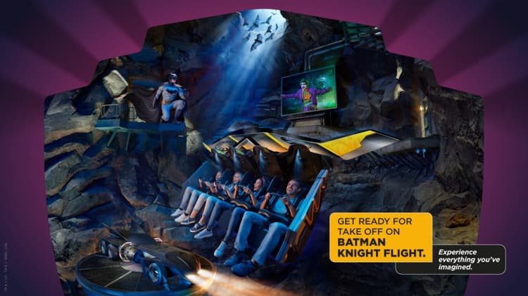 Batman-themed attraction area at Warner Bros. World Abu Dhabi featuring the iconic DC superhero and Gotham-style design