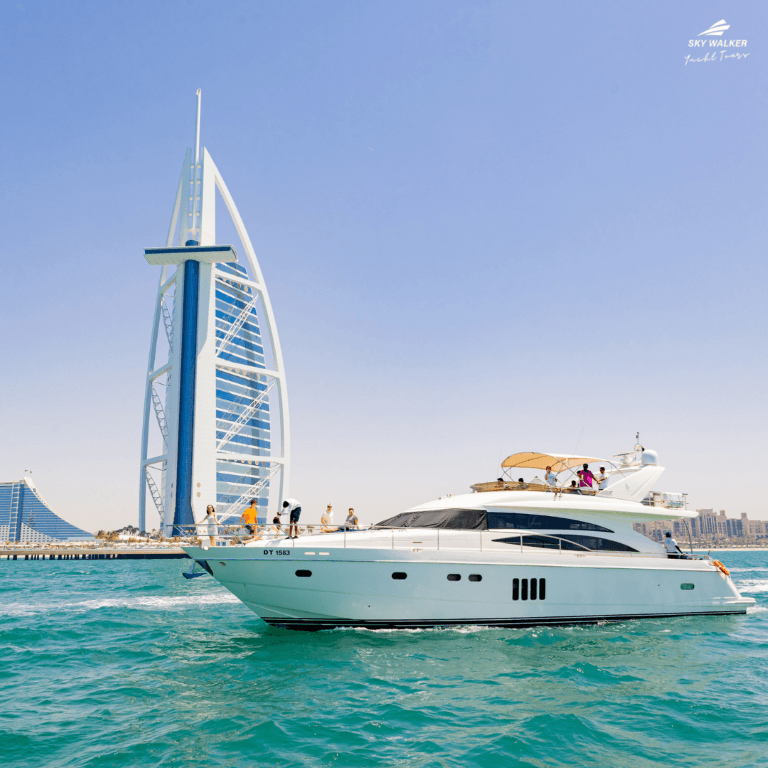 A combination of photos capturing guests’ yacht experience with the iconic Burj Al Arab view.