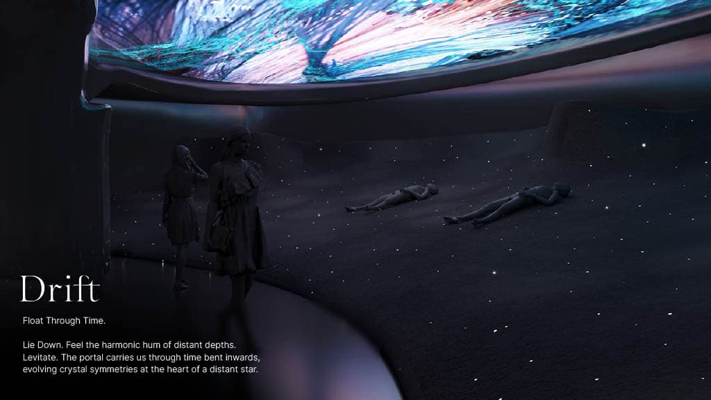 Visitors experiencing the Drift zone at Aya Universe with floating light effects and immersive digital visuals.
