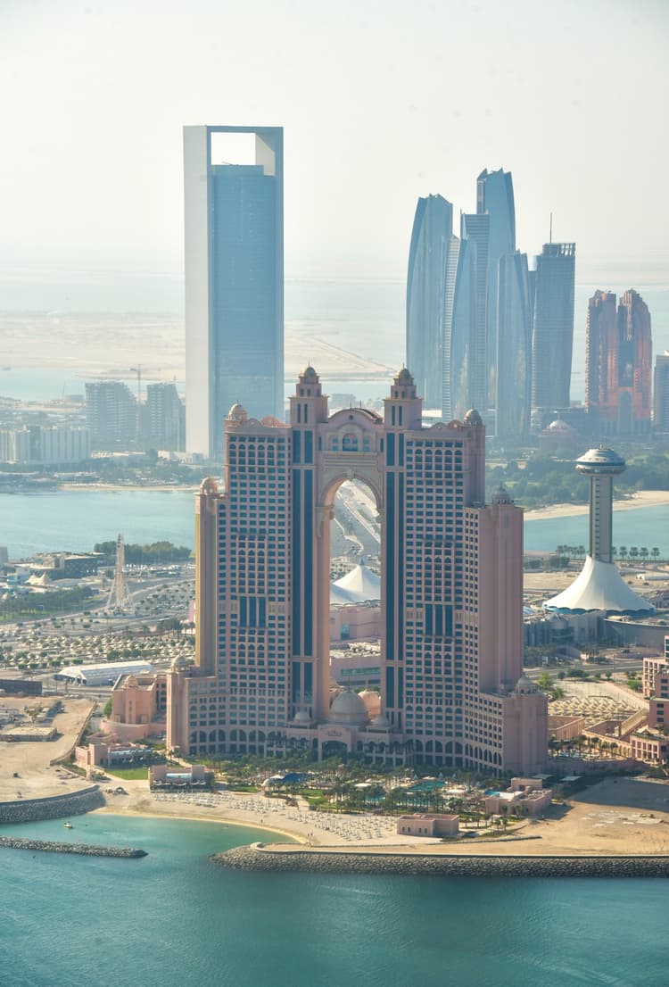 Hotel viewed from a helicopter during an aerial tour, showcasing its iconic architecture.